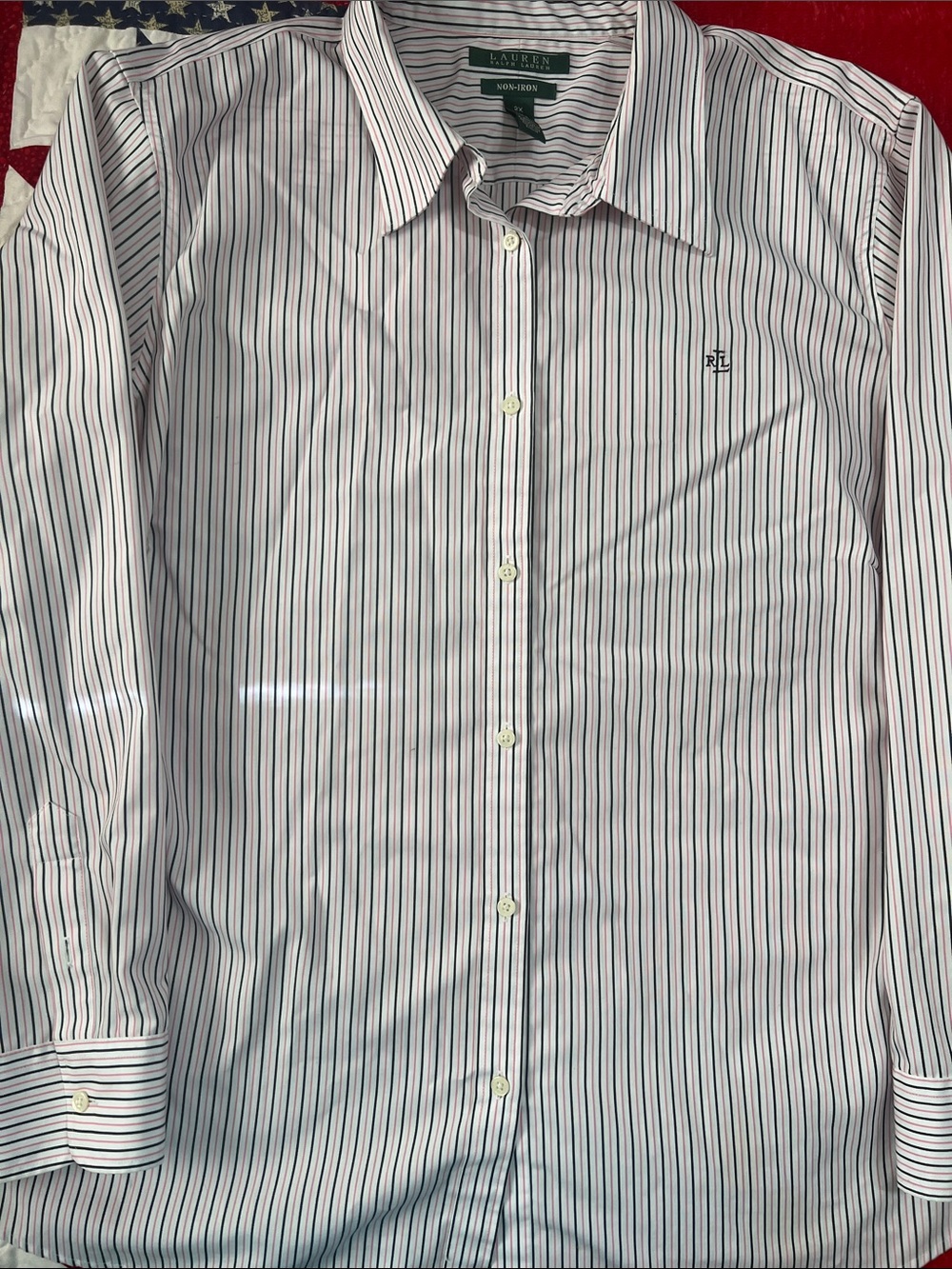 Ralph Lauren Woman’s 2X Striped Dress Shirt - White with Navy & Pink Stripes - Picture 2 of 3